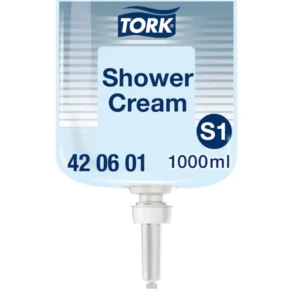 קרם רחצה Tork Shower Cream דגם 420601 למערכת S1. קרם רחצה עדין עם ניחוח רענן, מתאים לגוף ולשיער ומיועד למלונות, חדרי כושר ומתקני ספורט.