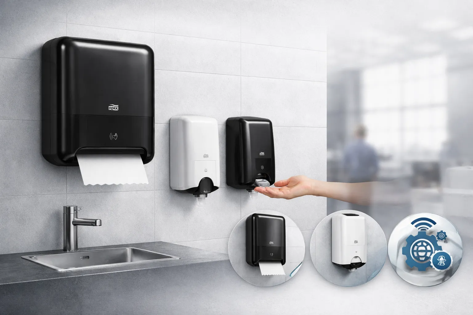 מערכת היגיינה מתקדמת עם מתקני נייר וסבוניות אוטומטיות