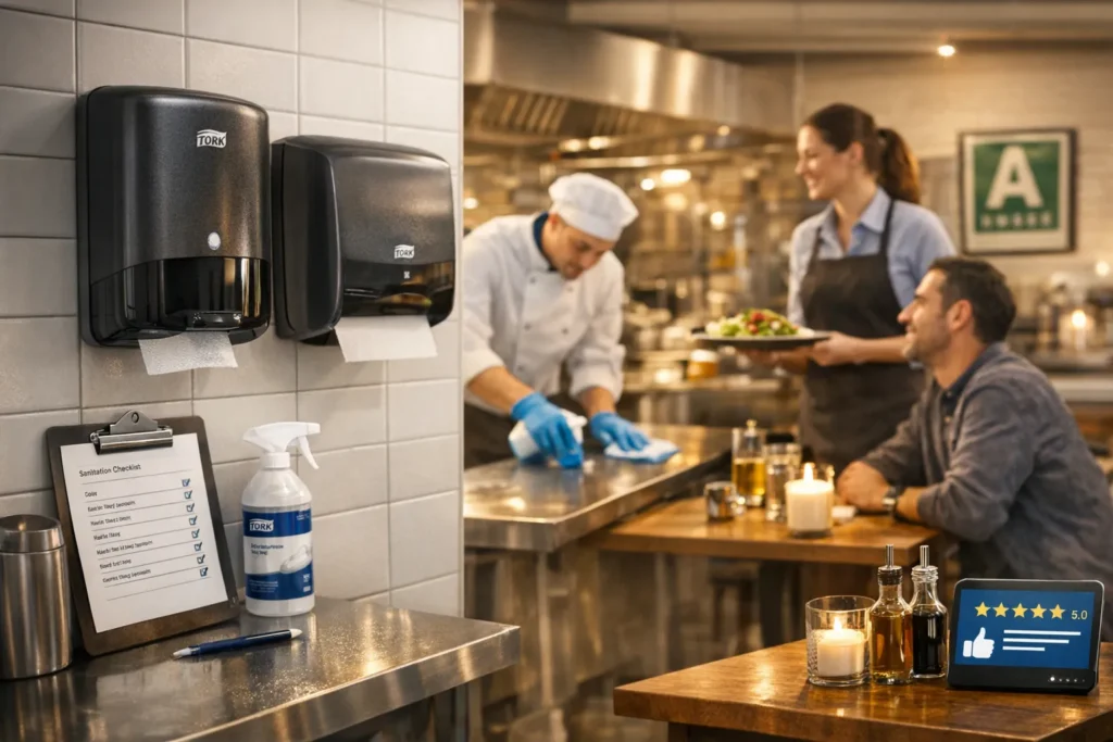 אווירה במסעדה עם היגיינה וניקיון במסעדה מסודרת בעלת מתקני סבון ומגבות נייר, צוות שמקפיד על ניקיון במטבח ולקוחות מרוצים בחלל חמים