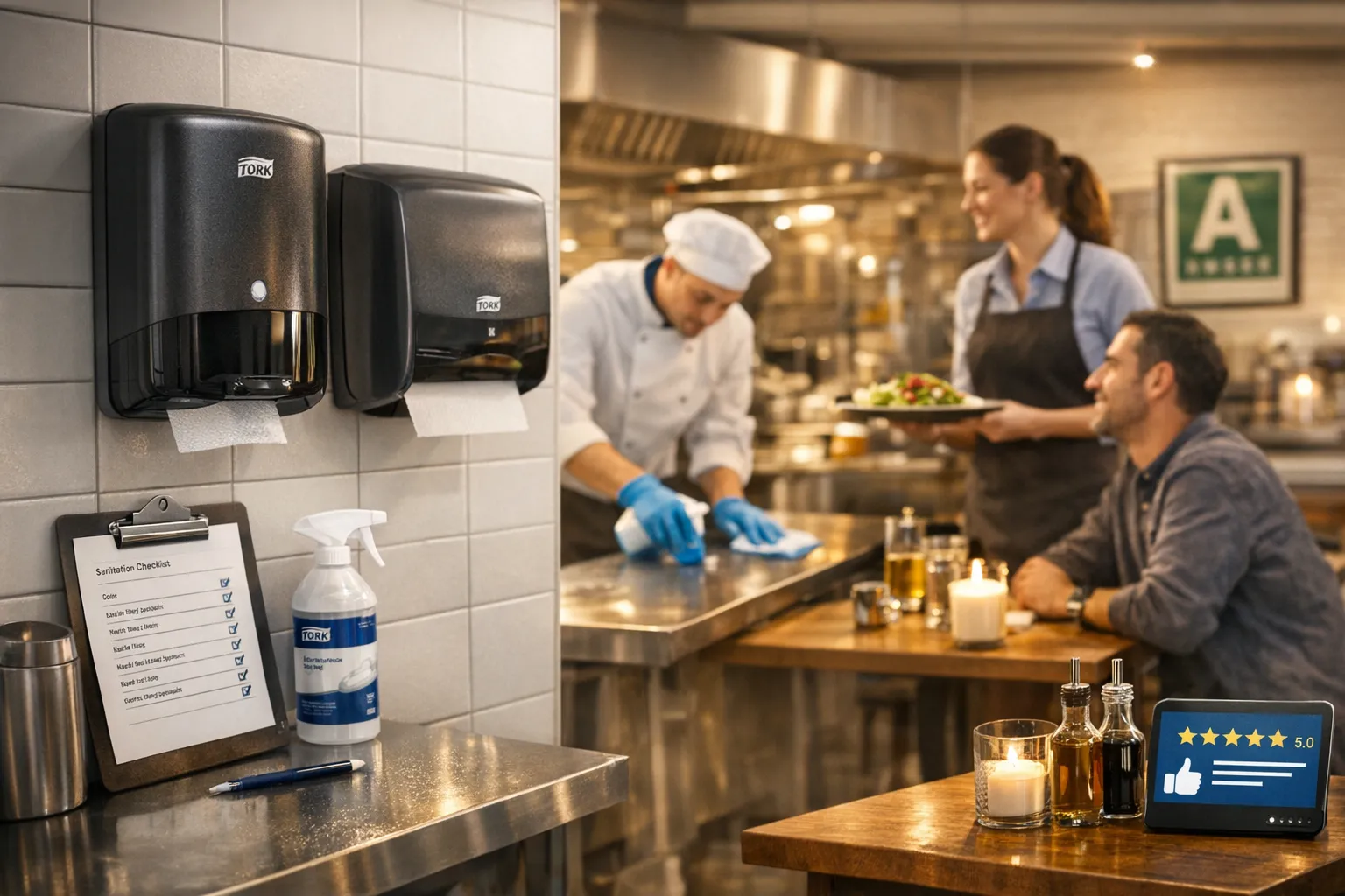 אווירה במסעדה עם היגיינה וניקיון במסעדה מסודרת בעלת מתקני סבון ומגבות נייר, צוות שמקפיד על ניקיון במטבח ולקוחות מרוצים בחלל חמים