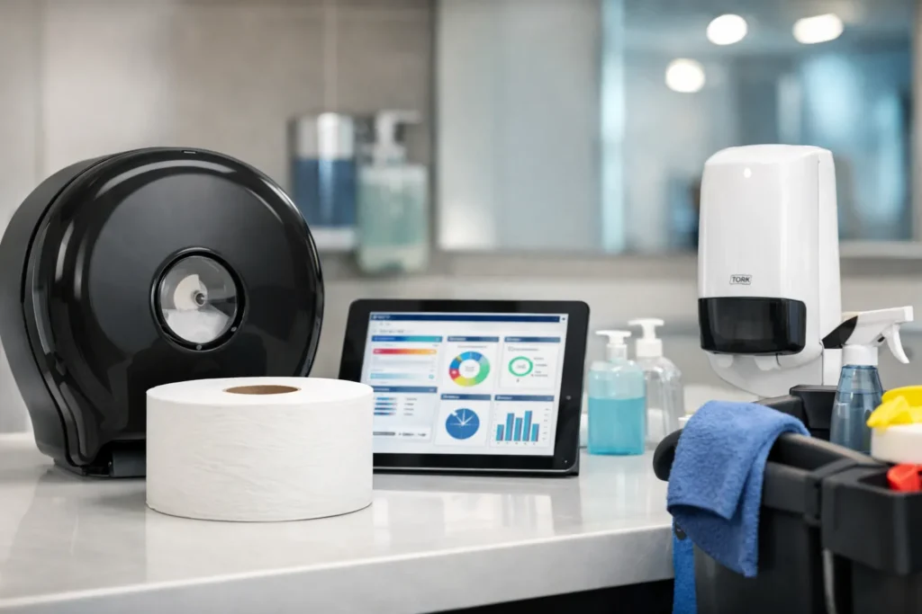 מערכת היגיינה חכמה לעסקים עם מתקן נייר טואלט מתקדם חיסכון בנייר טואלט לעסקים