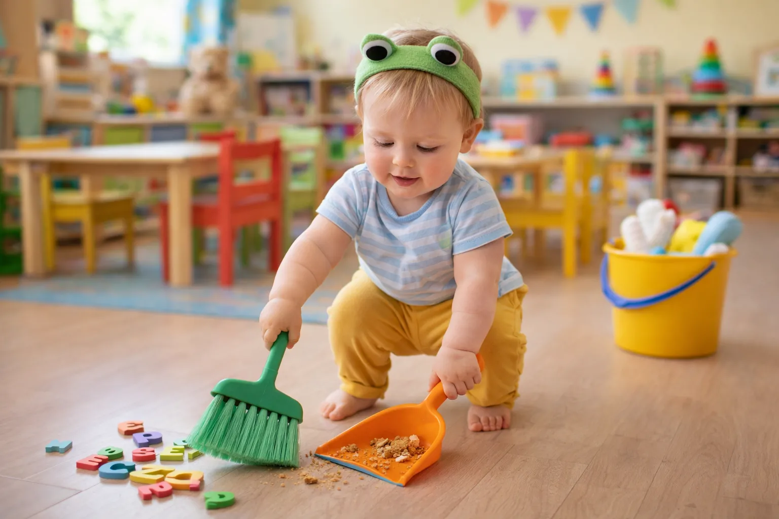 תינוק חמוד מנקה גן ילדים נקי ומסודר עם צעצועים צבעוניים וסביבת למידה היגיינית